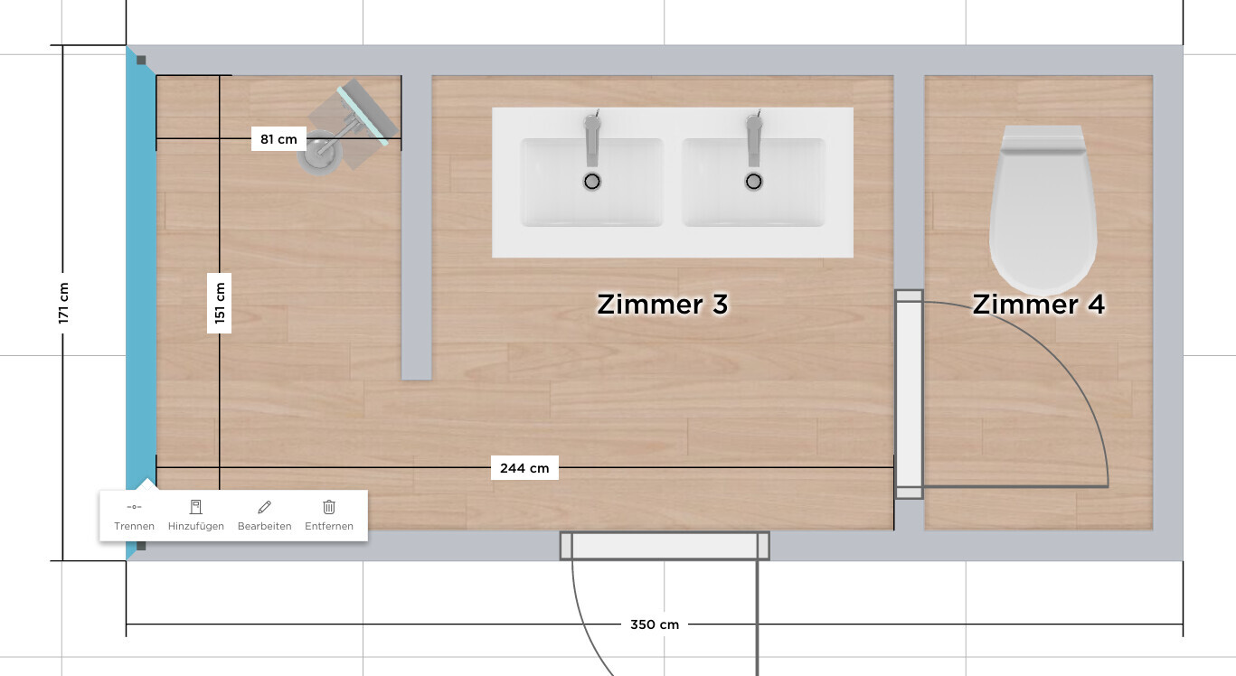 Bodenplan: Zimmer 3 mit Doppelwaschbecken, Zimmer 4 mit Toilette; Türbogen zwischen Räumen.