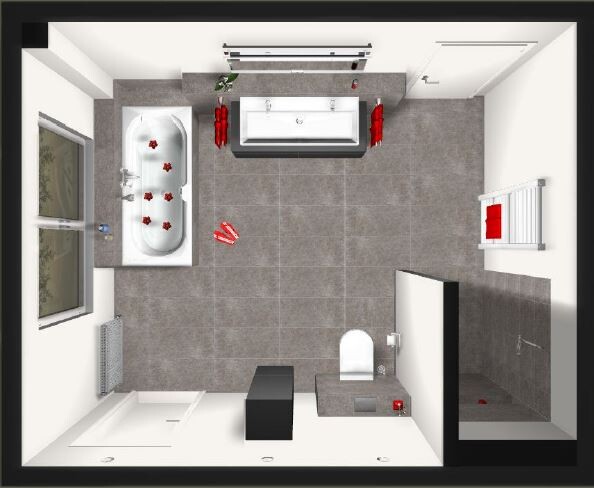 3D-Badezimmer-Layout von oben mit Badewanne, Waschbecken und Toilette