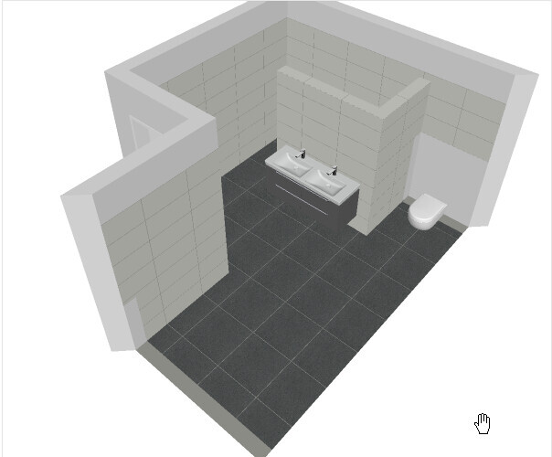 3D-Badezimmer mit dunklen Bodenfliesen, hellen Wandfliesen, Doppelwaschbecken und Toilette