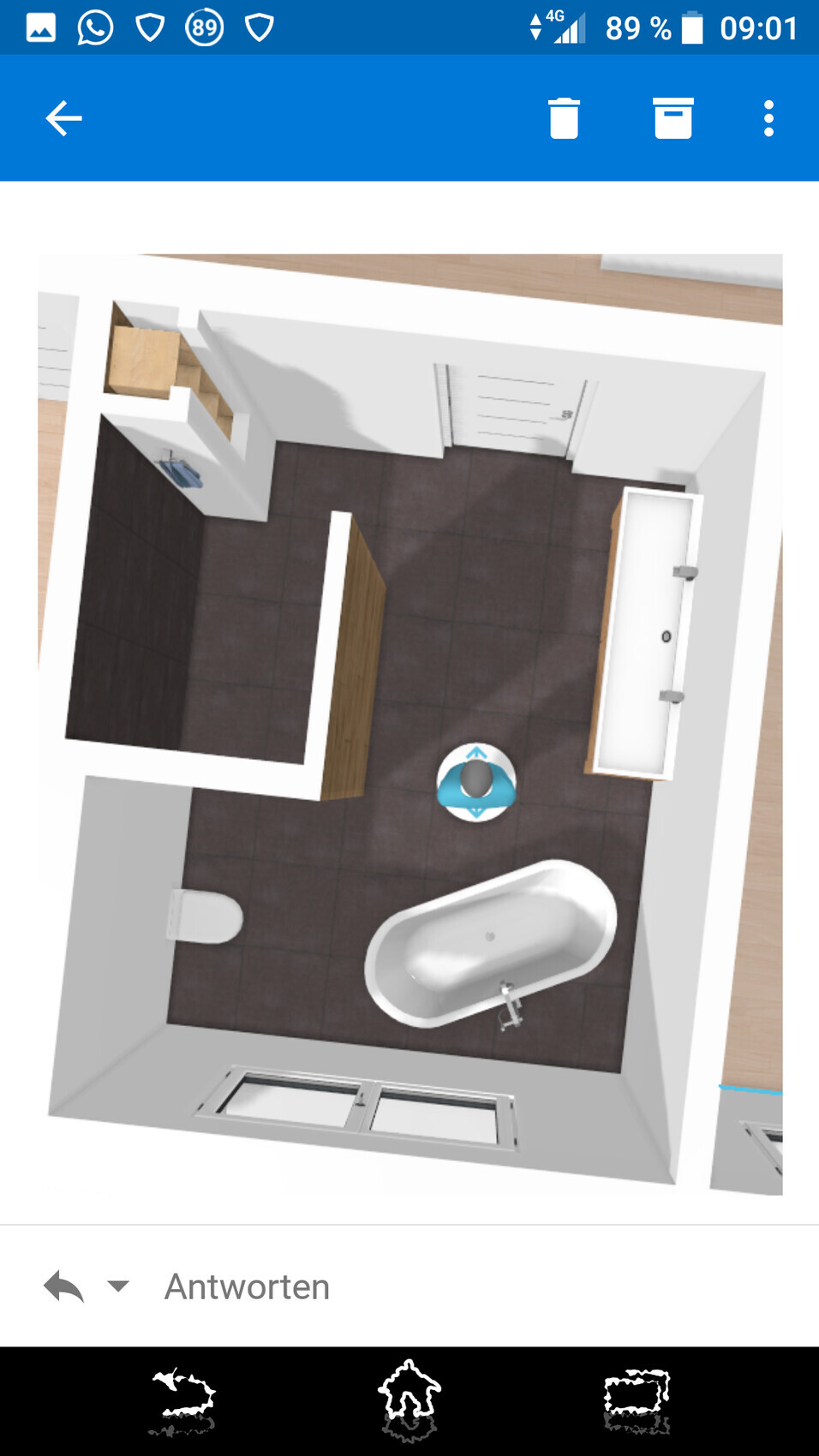3D-Bad mit Badewanne, Waschbecken und Toilette aus Vogelperspektive
