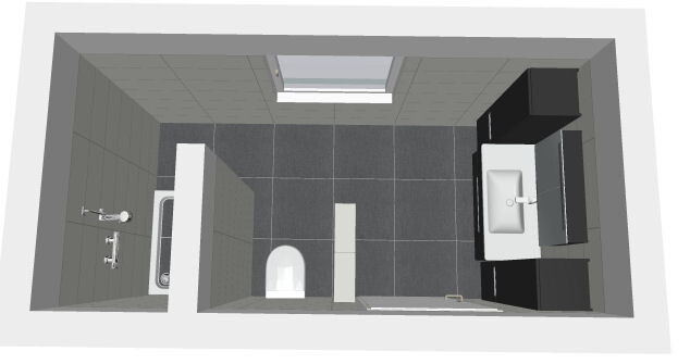 Top-Down-Bad: Dusche links, Toilette in Mitte, Waschbecken mit Unterschränken rechts, dunkle Fliesen