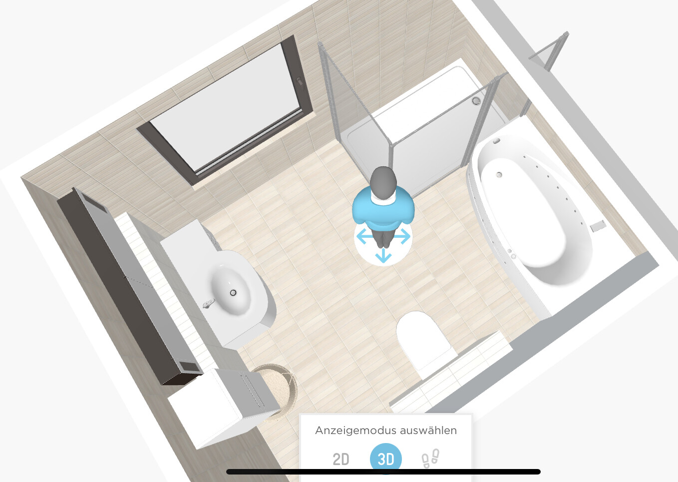 3D-Badplan: Waschbecken links, Toilette vorne, Dusche Mitte, Badewanne rechts, blaue Figur