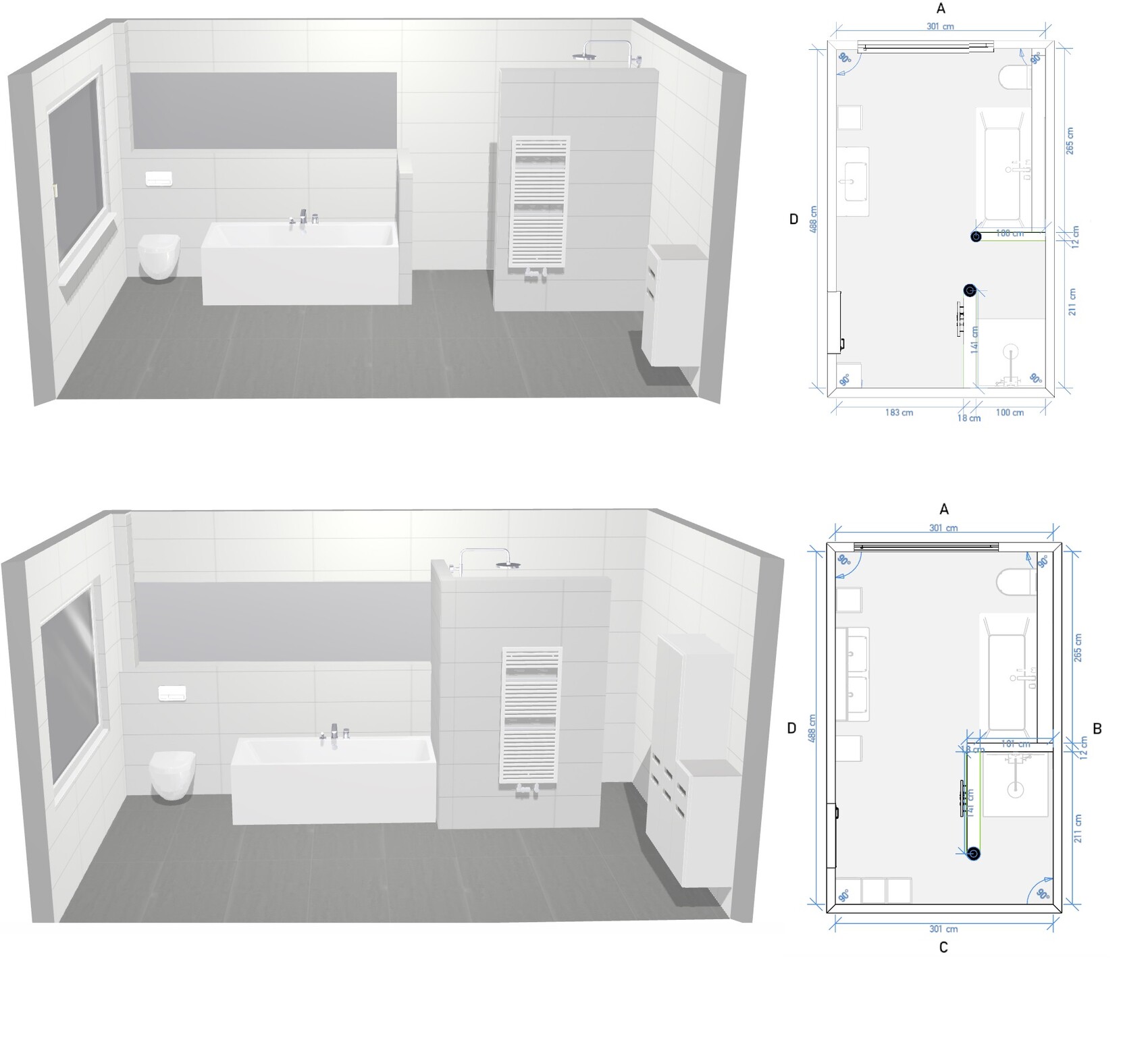 3D-Badezimmer mit Badewanne, Waschbecken, Toilette und Heizkörper