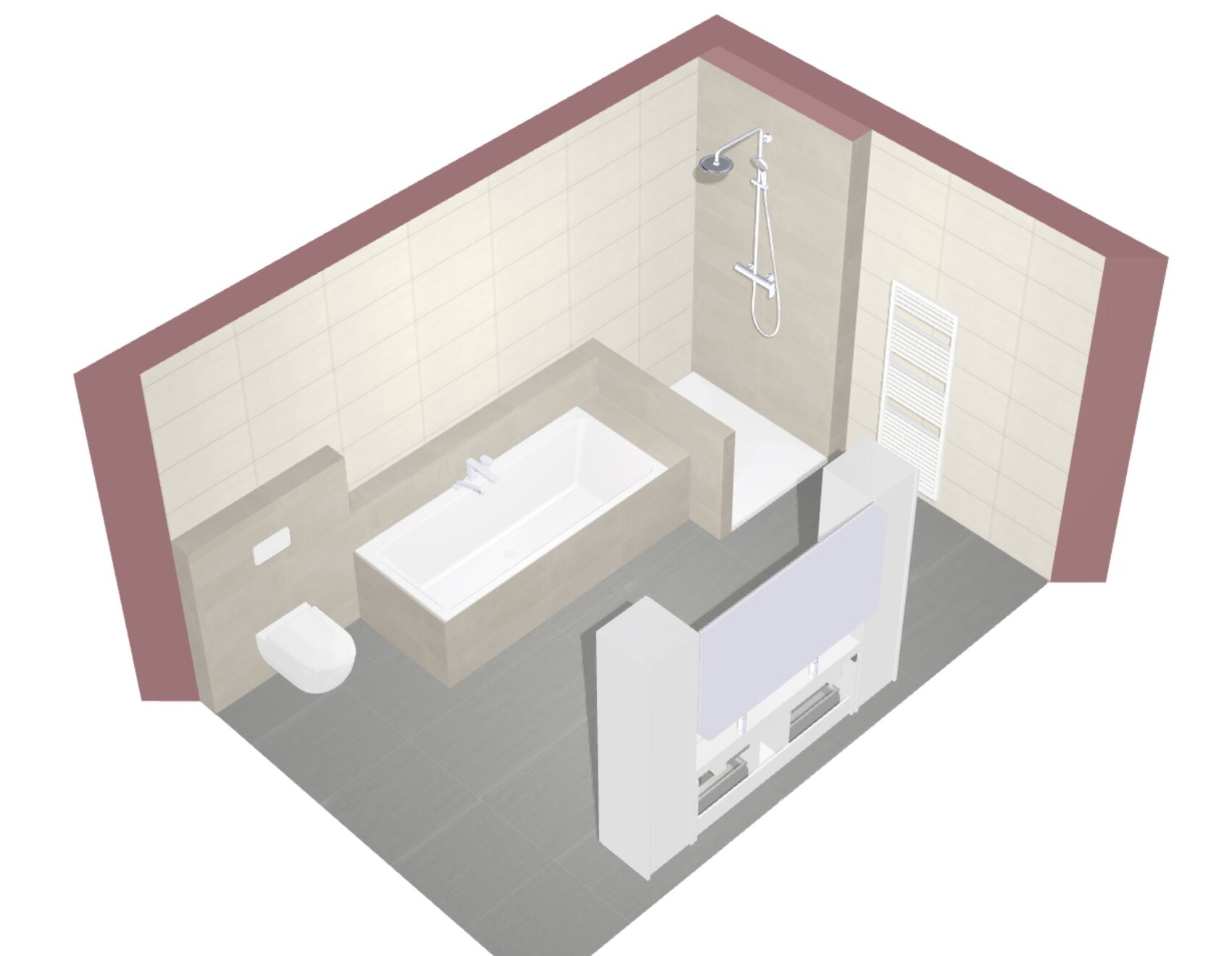 3D-Badansicht: Dusche, Badewanne, WC und Waschtisch mit Unterschrank.