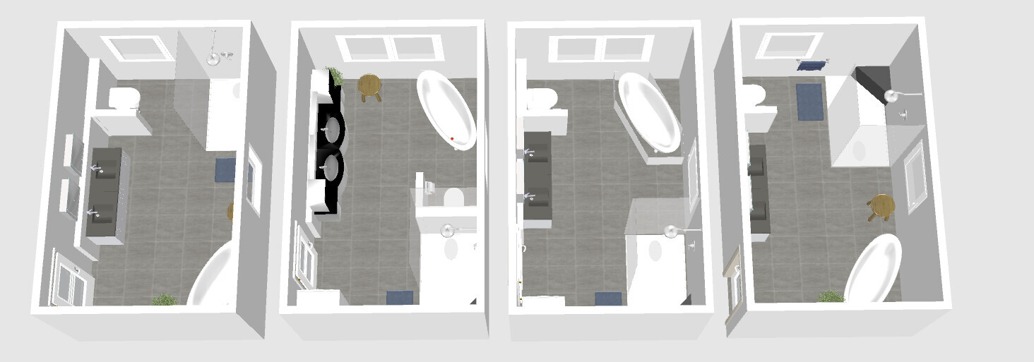 Vier kleine Badezimmer-Layouts in 3D-Ansicht, nebeneinander mit WC, Waschbecken, Dusche/Badewanne.