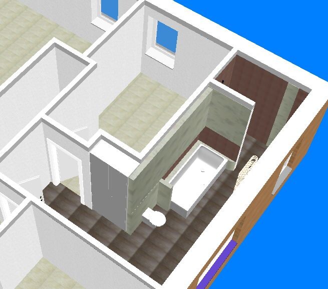 Isometrischer 3D-Badgrundriss mit Badewanne, Waschbecken und Toilette in einer Wohnung.