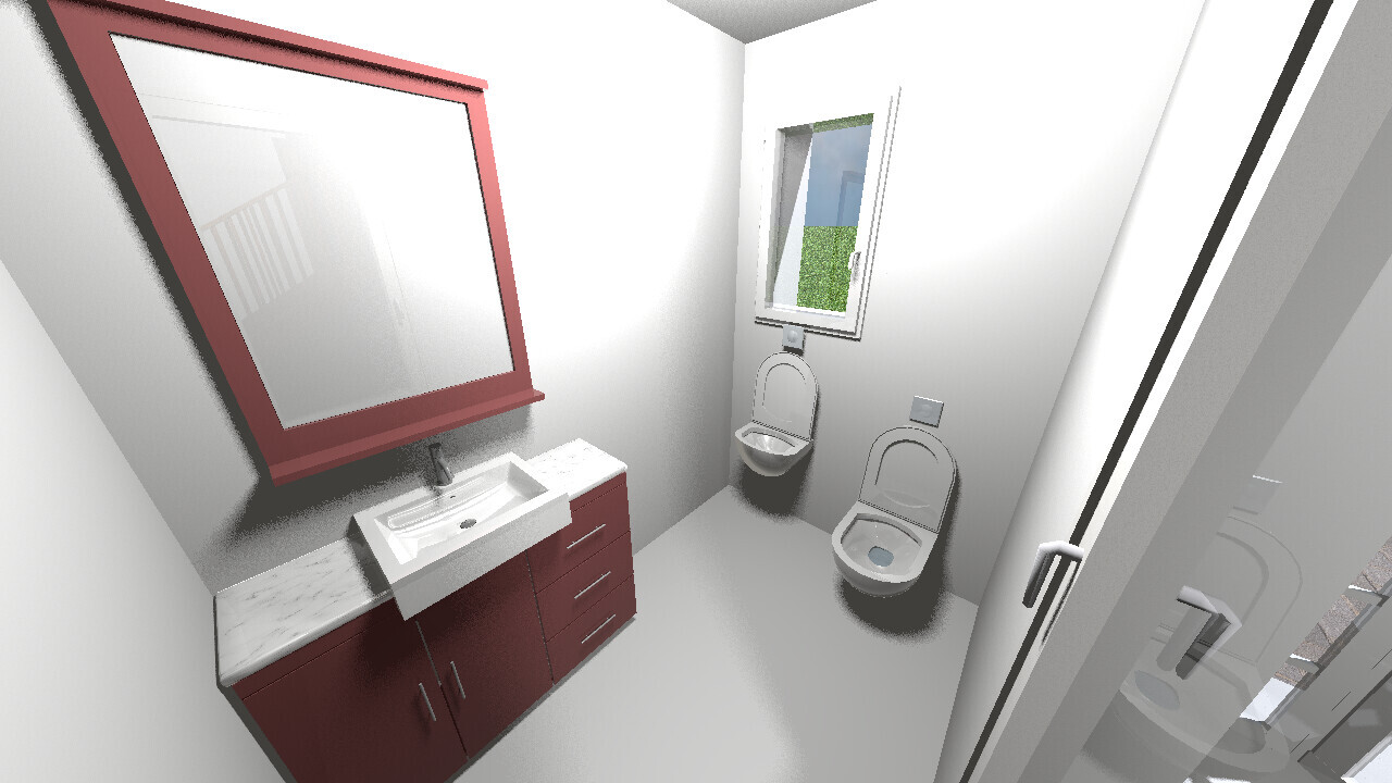 Kleines Badezimmer mit rotem Spiegelrahmen, Waschbecken, zwei Toiletten und Fensterblick.