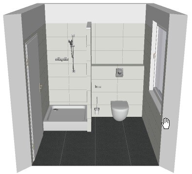 3D-Badansicht mit Dusche und Toilette, hellen Fliesen und dunklem Boden