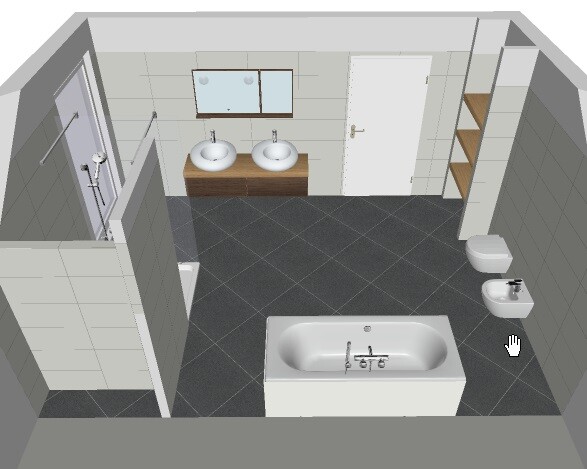 Modernes Badezimmer mit Badewanne, Doppelwaschbecken, Dusche und WC.