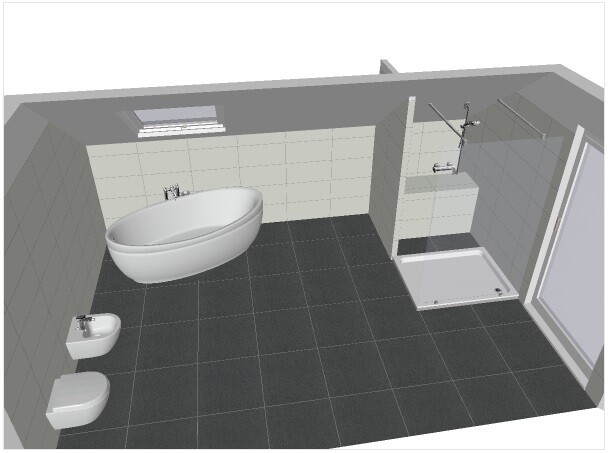 Großes Badezimmer mit freistehender Badewanne, Dusche, WC und Bidet auf dunklem Fliesenboden.