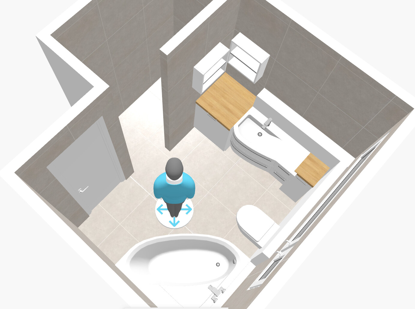Isometrische Badezimmer-Planung: Person sieht Waschbecken, Badewanne, Toilette und Unterschränke