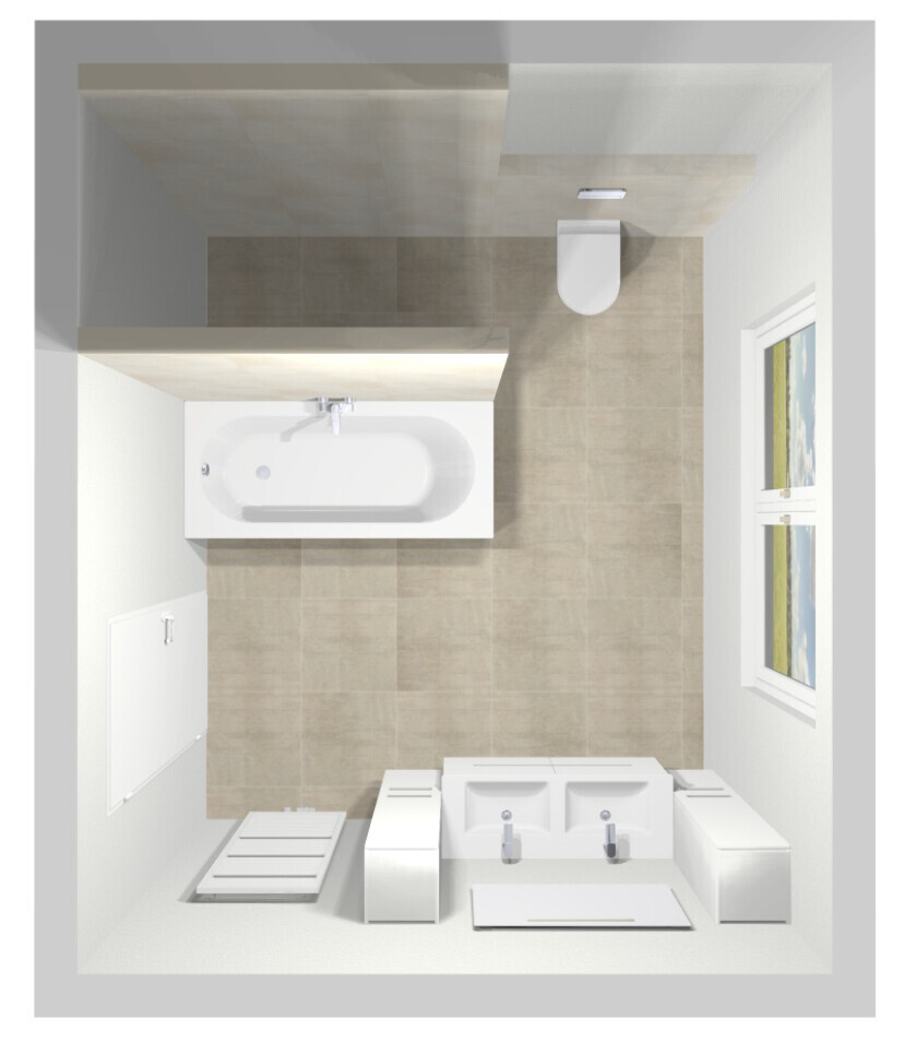 Draufsicht: Badezimmer mit Badewanne links, Waschbecken in Mitte, Toilette rechts, Fenster rechts.