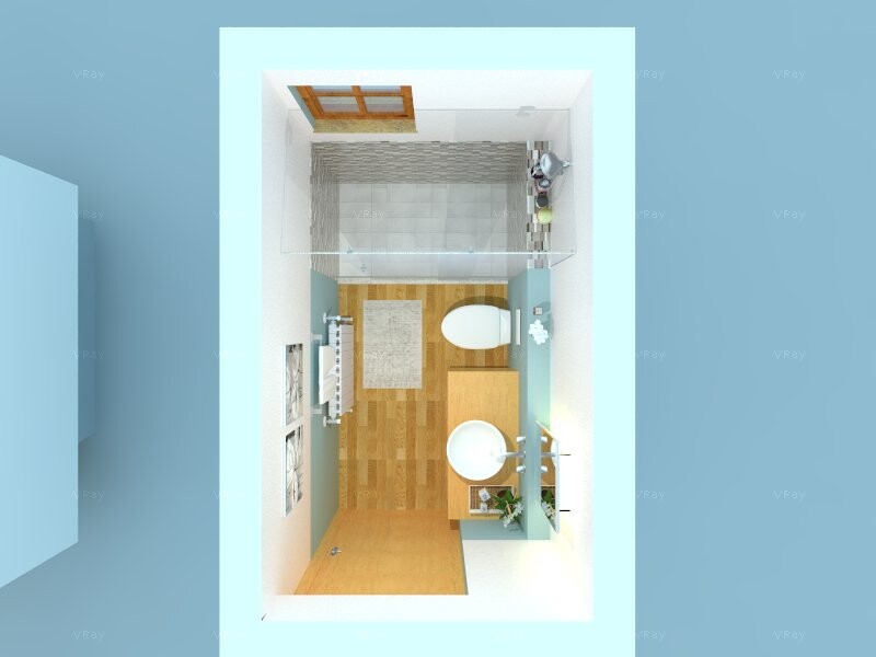 Top-down 3D-Badrender eines kompakten Badezimmers mit Waschbecken, Toilette und Dusche.
