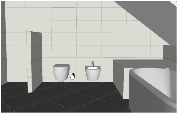 Moderner Badraum mit Toilette, Bidet, Waschbecken, Eckbadewanne und grauen Fliesen.