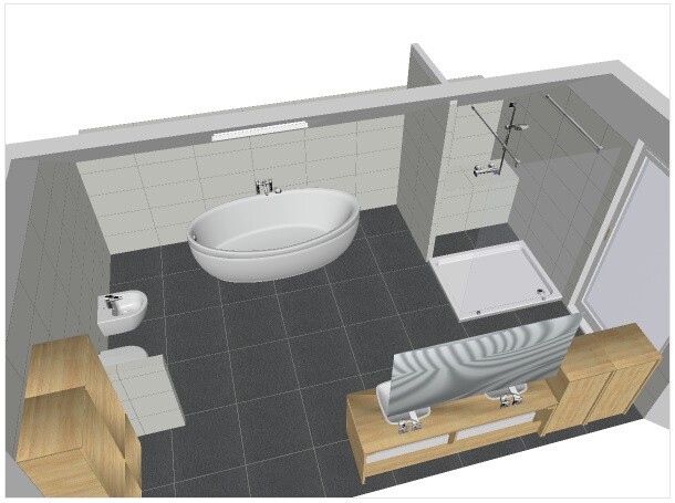 3D-Badezimmer mit freistehender Badewanne, Dusche, WC und TV-Möbel.
