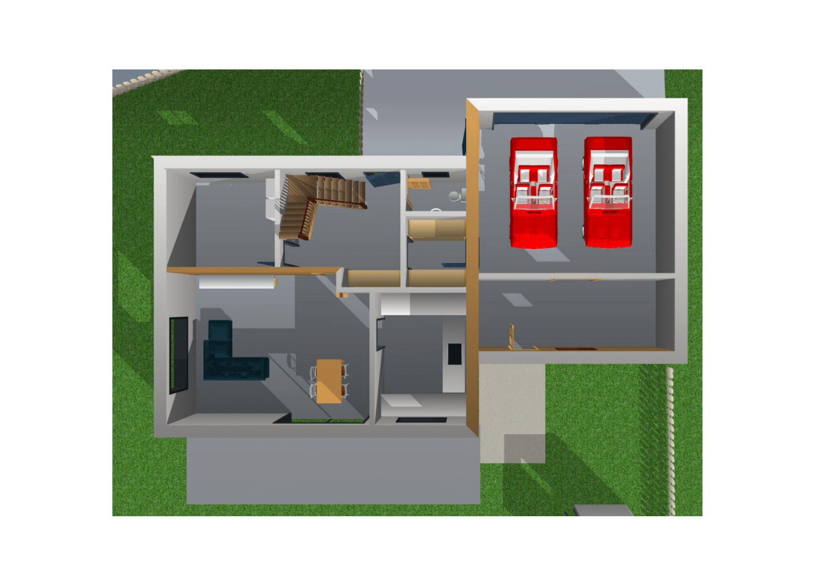 Vogelperspektive: Hausgrundriss mit Wohnzimmer links, Treppe Mitte, Garage rechts mit zwei Autos