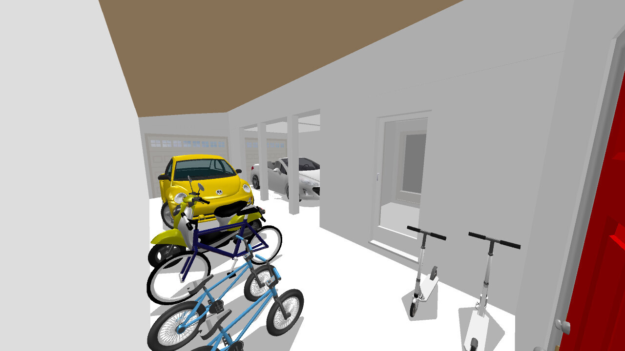 Garage mit gelbem Auto vorne, zwei Fahrrädern und zwei E-Scootern; weitere Autos im Hintergrund.