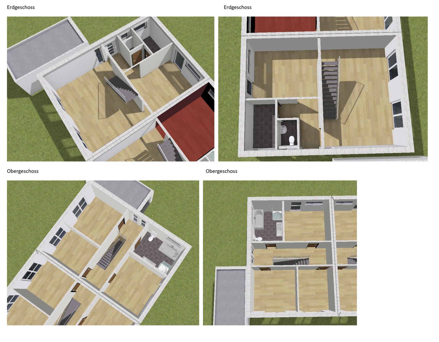 3D-Grundriss eines zweigeschossigen Hauses: Erdgeschoss und Obergeschoss mit Treppen.