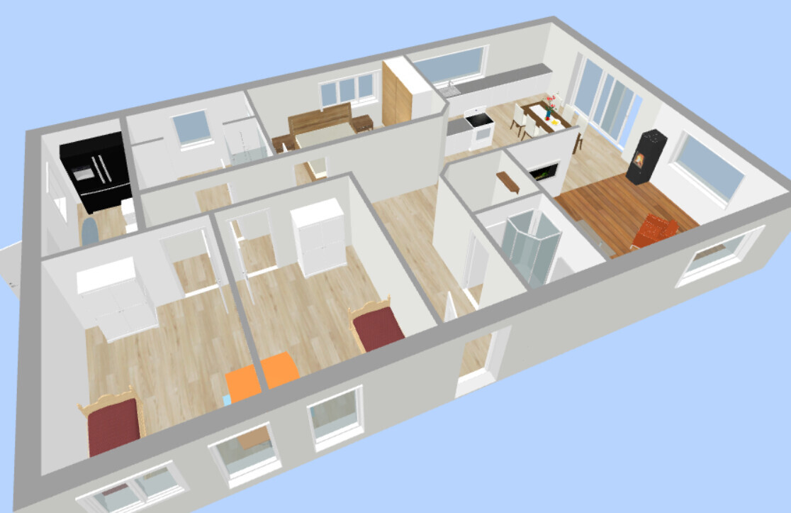 Isometrischer Grundriss einer Wohnung: Küche, Essbereich, Wohnzimmer mit Kamin, Schlafzimmer und Bad.
