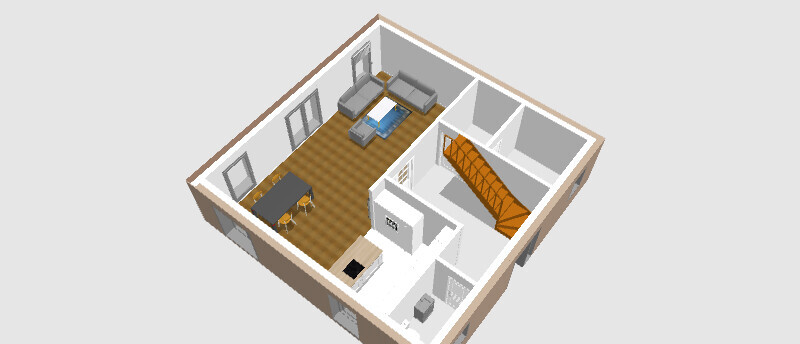 Isometrische 3D-Ansicht eines offenen Wohn- und Essbereichs mit Sofa, Esstisch, Küche und Treppe.