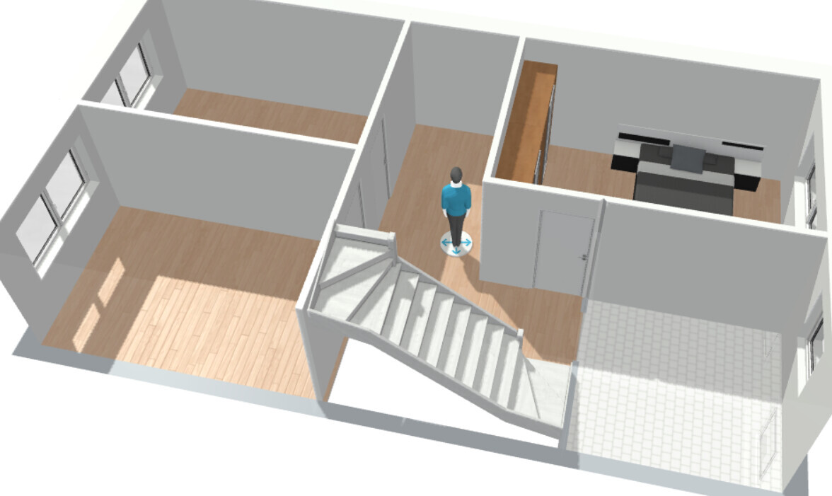 3D-Grundriss eines Hauses mit Treppe, Flur und mehreren Zimmern