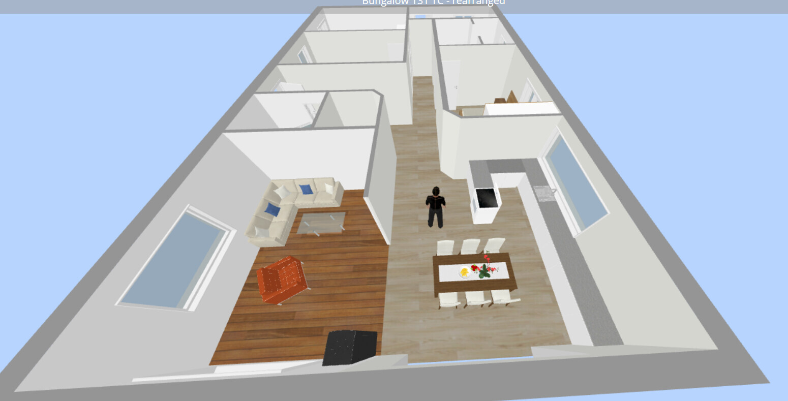 3D-Grundriss: Wohnzimmer mit Sofa, orange Sessel, Esstisch, Küche mit Insel, stehende Person.