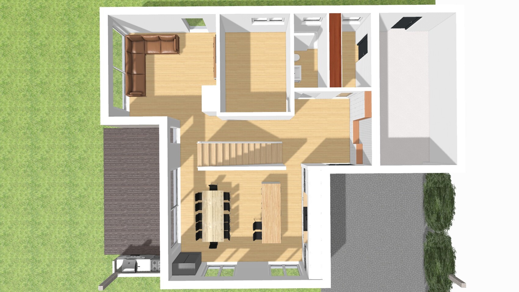 Grundriss eines Hauses: Wohnzimmer, Essbereich, Küche, Schlafzimmer, Bad, Treppe, Garten.