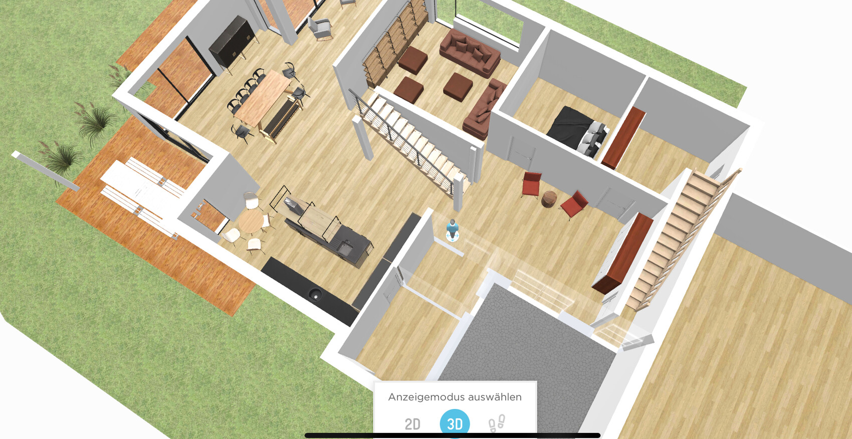 3D-Grundriss eines offenen Wohn-, Ess- und Küchenbereichs mit Treppe und Gartenansicht
