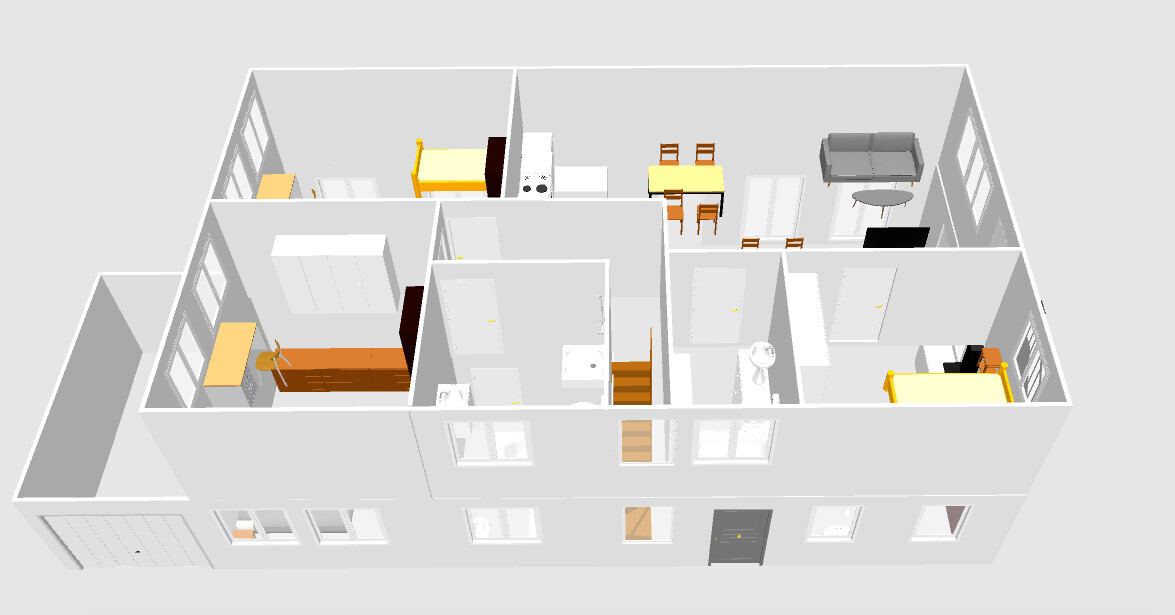 3D-Grundriss einer Wohnung: Wohnzimmer, Küche, Essecke und Schlafzimmer.