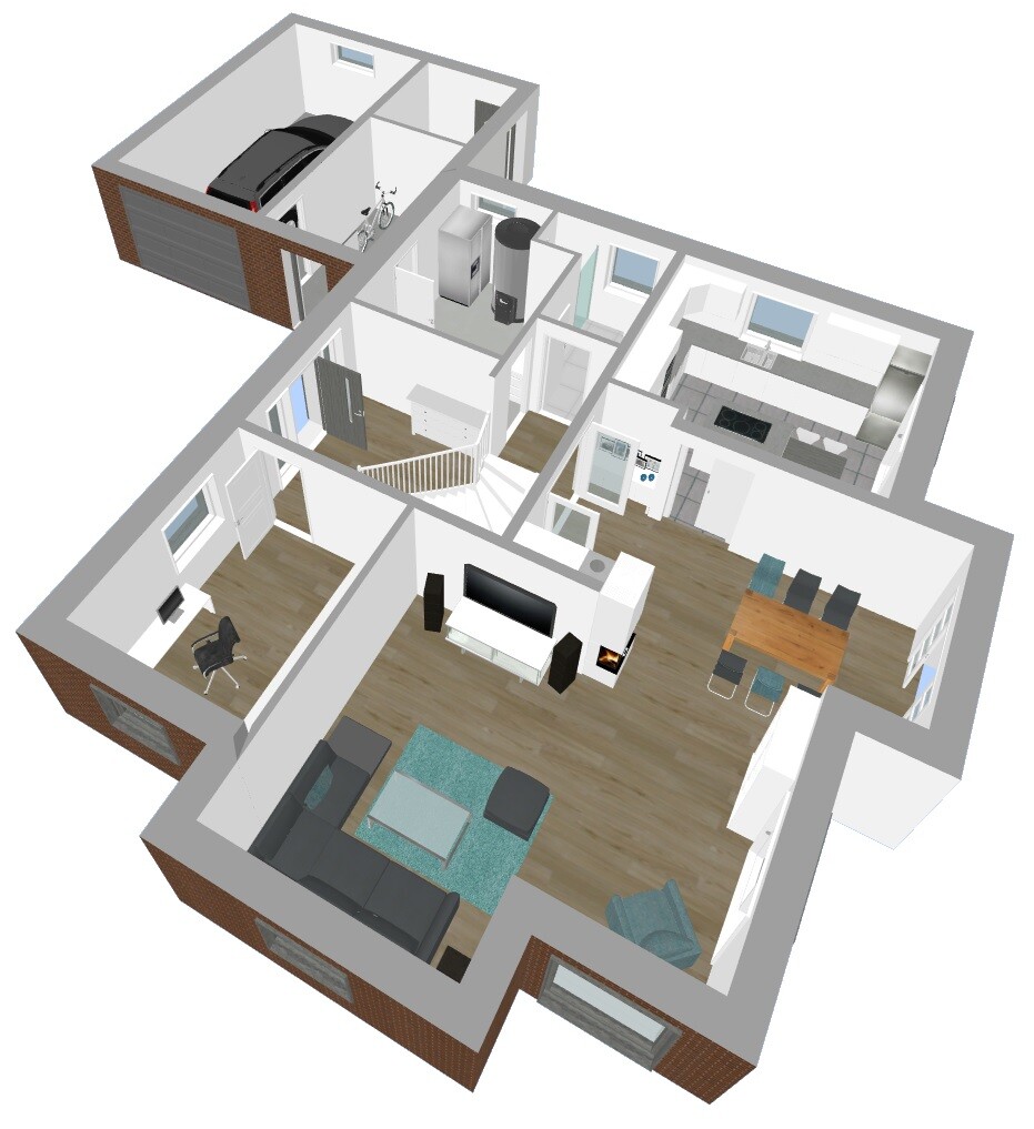 3D-Grundriss eines Hauses: Wohnzimmer mit Sofa und TV, Küche, Essbereich, Treppe, Garage mit Auto.
