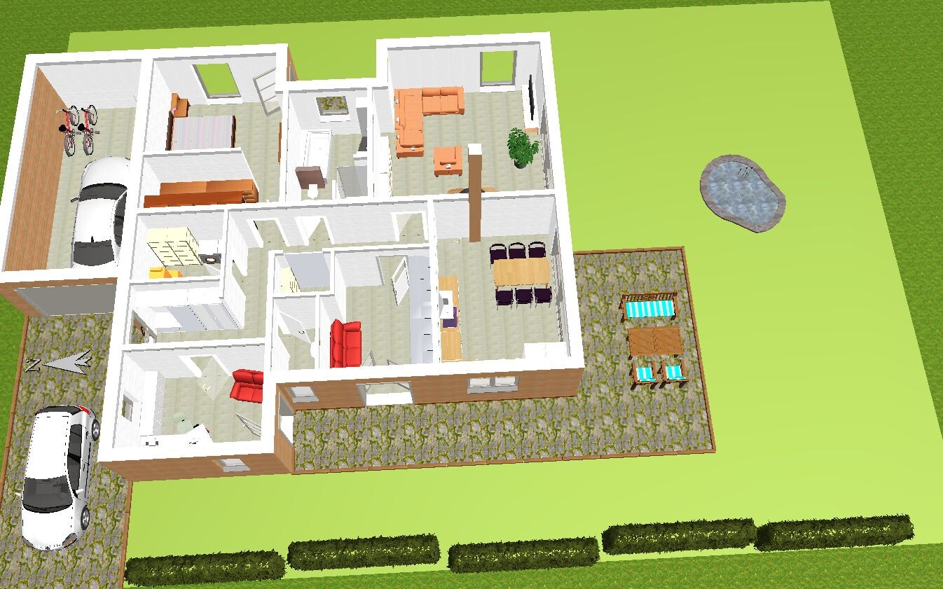 3D-Grundriss eines Hauses mit Garage, Garten, Terrasse, Pool und Möbeln.