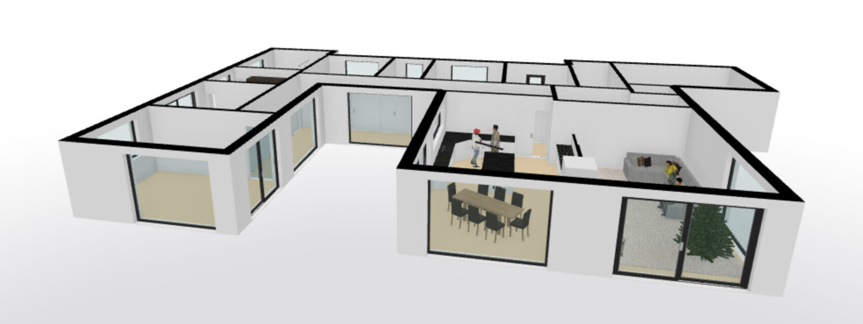 3D-Grundriss eines Bürogebäudes mit Konferenzraum, Sitzecke und Außenbereich.