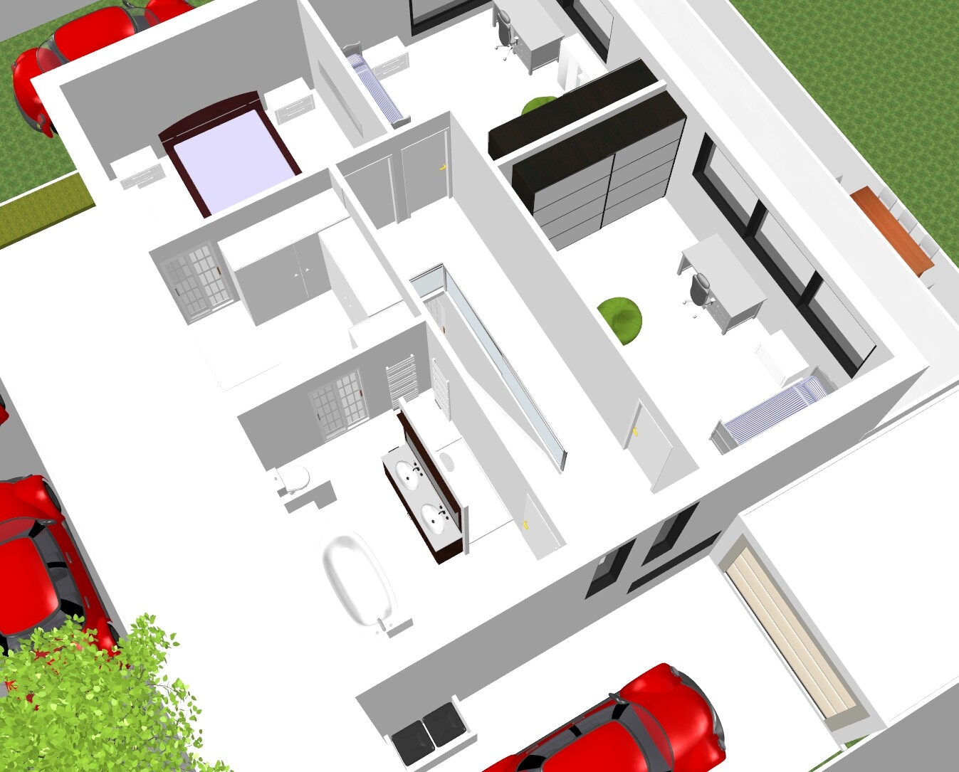 Isometrischer 3D-Grundriss: Schlafzimmer, Arbeitsbereich, Bad, Kleiderschränke, Autos außen.
