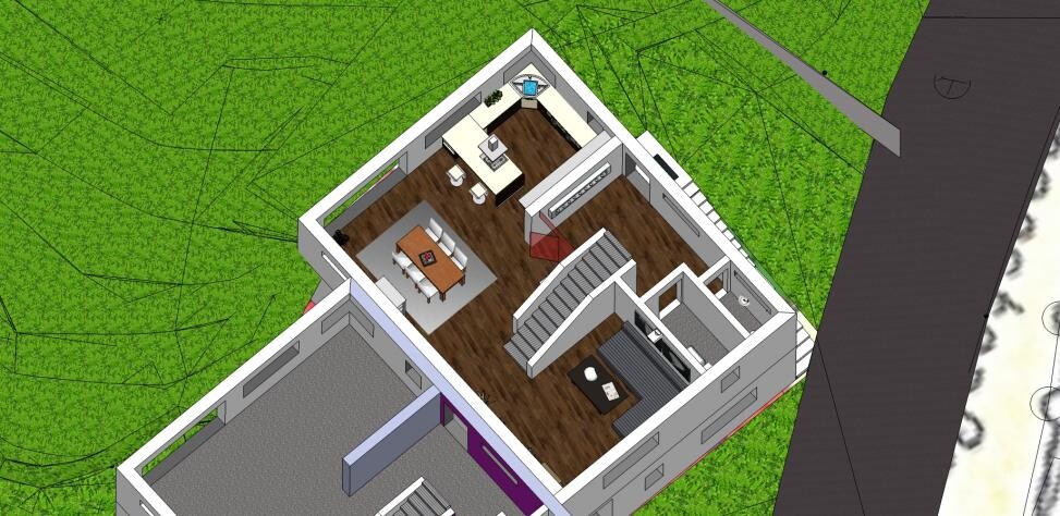 3D-Hausgrundriss: Innenansicht eines Hauses mit Küche, Wohnzimmer und Treppe