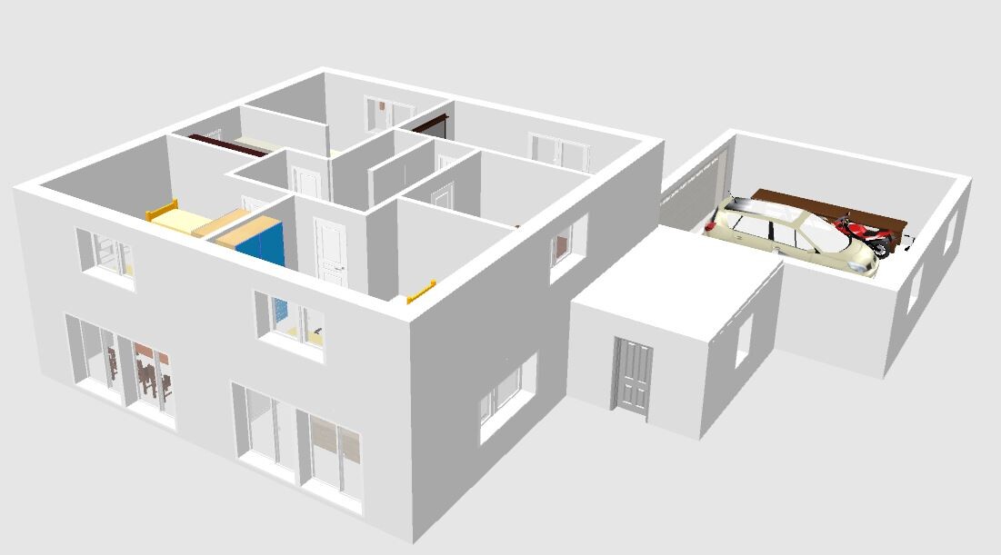 Isometrische 3D-Ansicht eines Hauses mit mehreren Zimmern und einer Garage mit Auto und Motorrad.