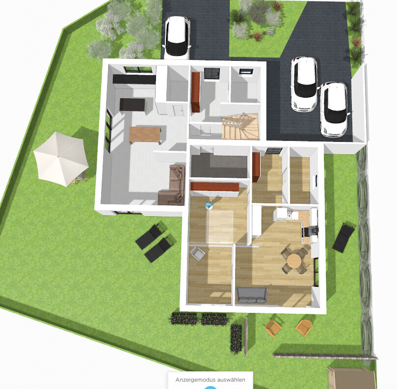 3D-Grundriss eines Hauses mit Garten, Innenräumen (Wohnzimmer, Küche, Essbereich) und Parkplätzen.