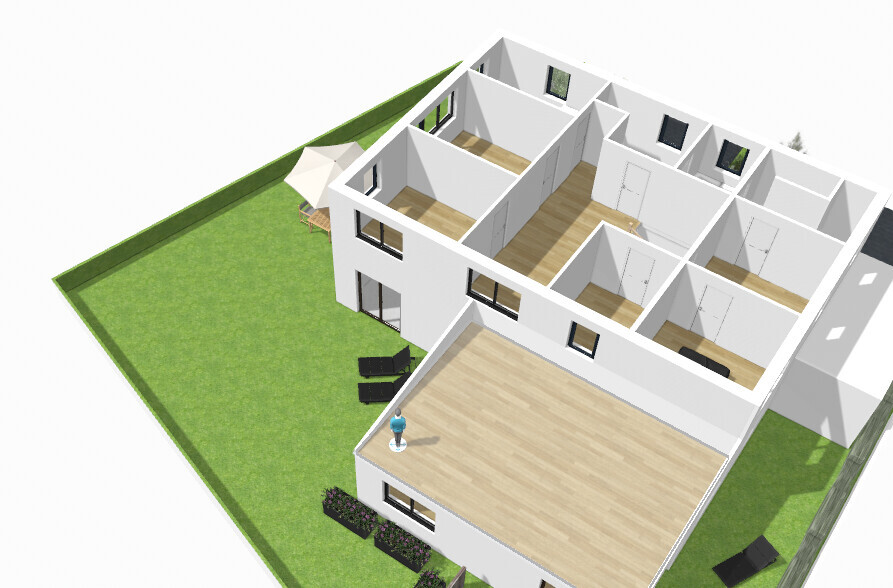 Isometrischer 3D-Grundriss eines Hauses mit Garten, Terrasse und mehreren Zimmern