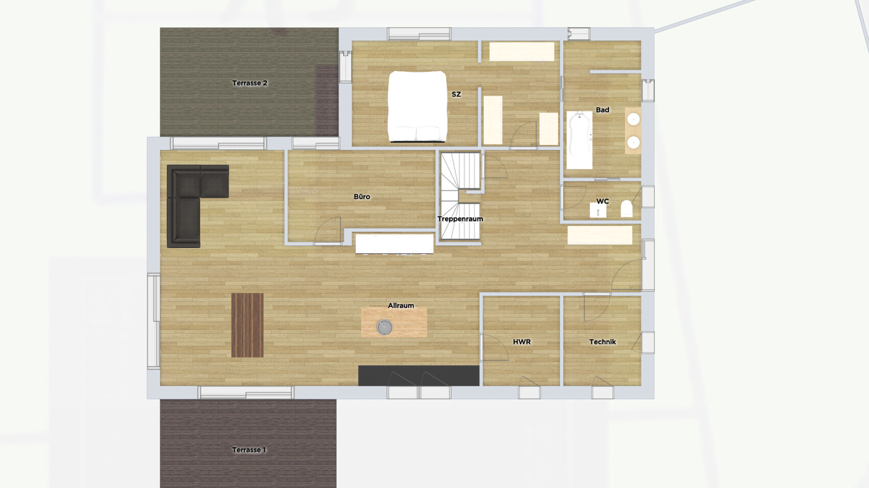 Grundriss eines Hauses: offener Wohn-/Allraum, Schlafzimmer, Büro, Bad, WC, HWR, Technik, Terrassen.