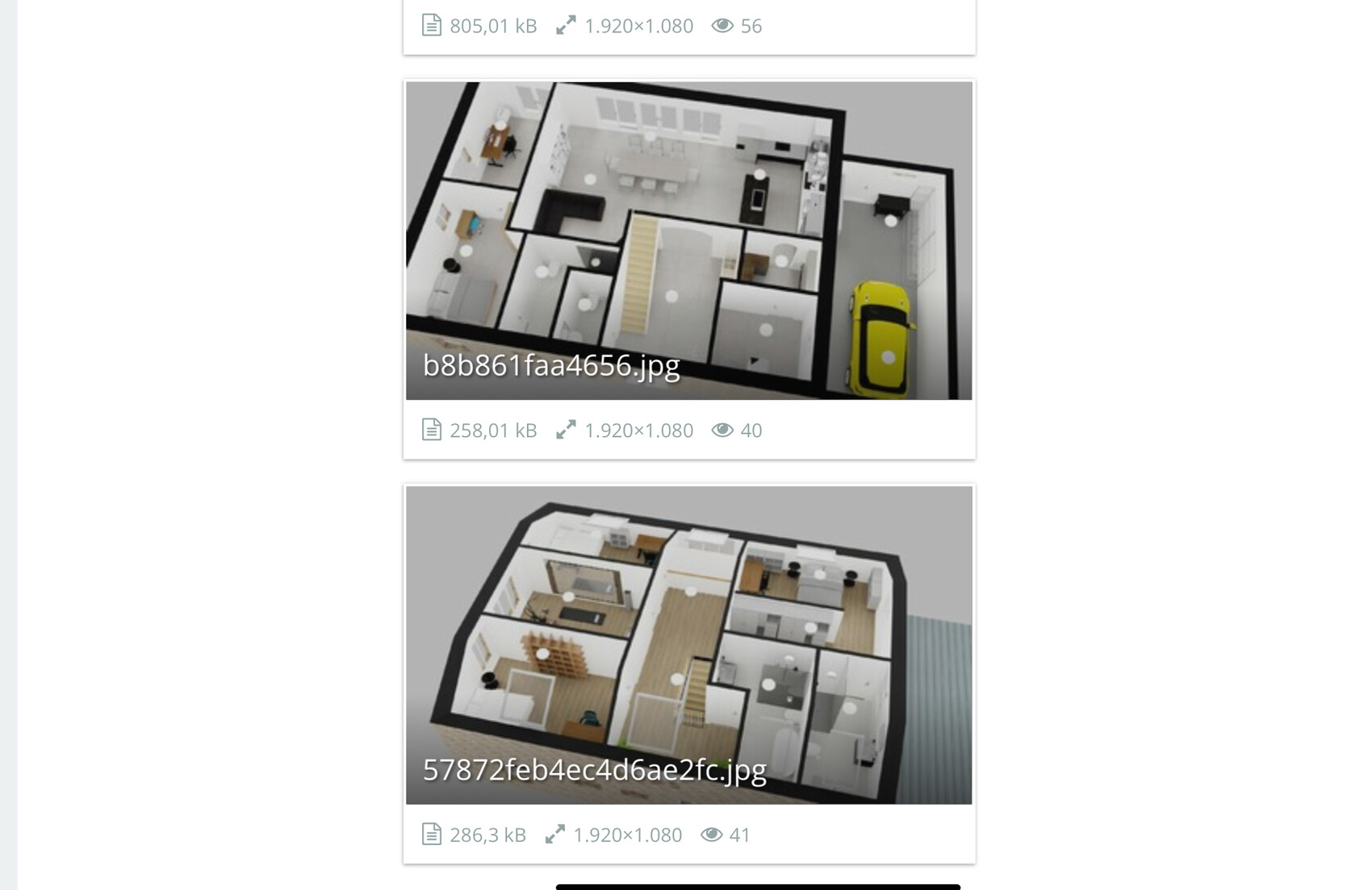 3D-Grundriss eines Hauses mit mehreren Zimmern und gelbem Auto im Garagenbereich