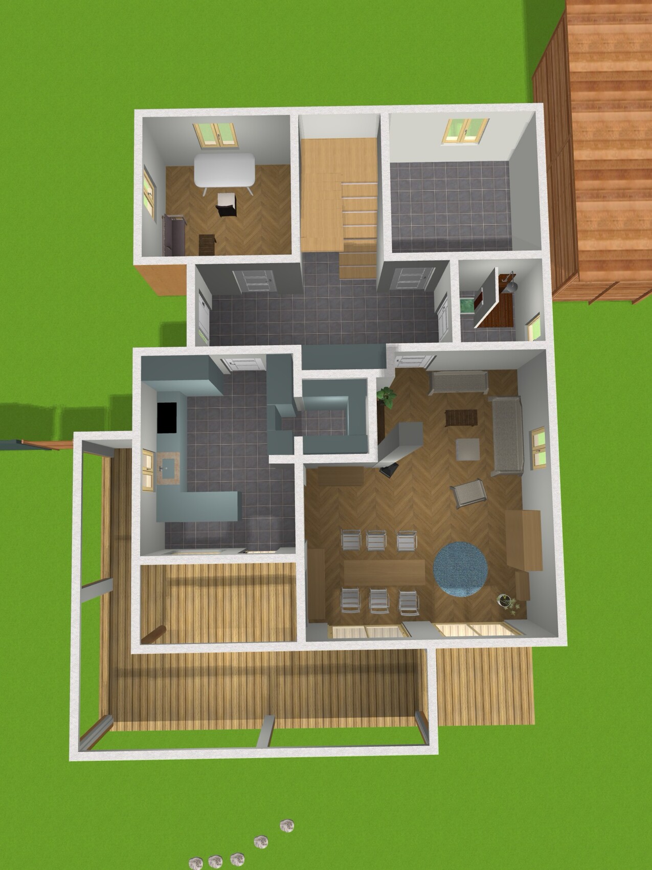 Top-Ansicht eines Hauses: Wohnzimmer, Küche, Schlafzimmer, Bad, Treppen, Terrasse.