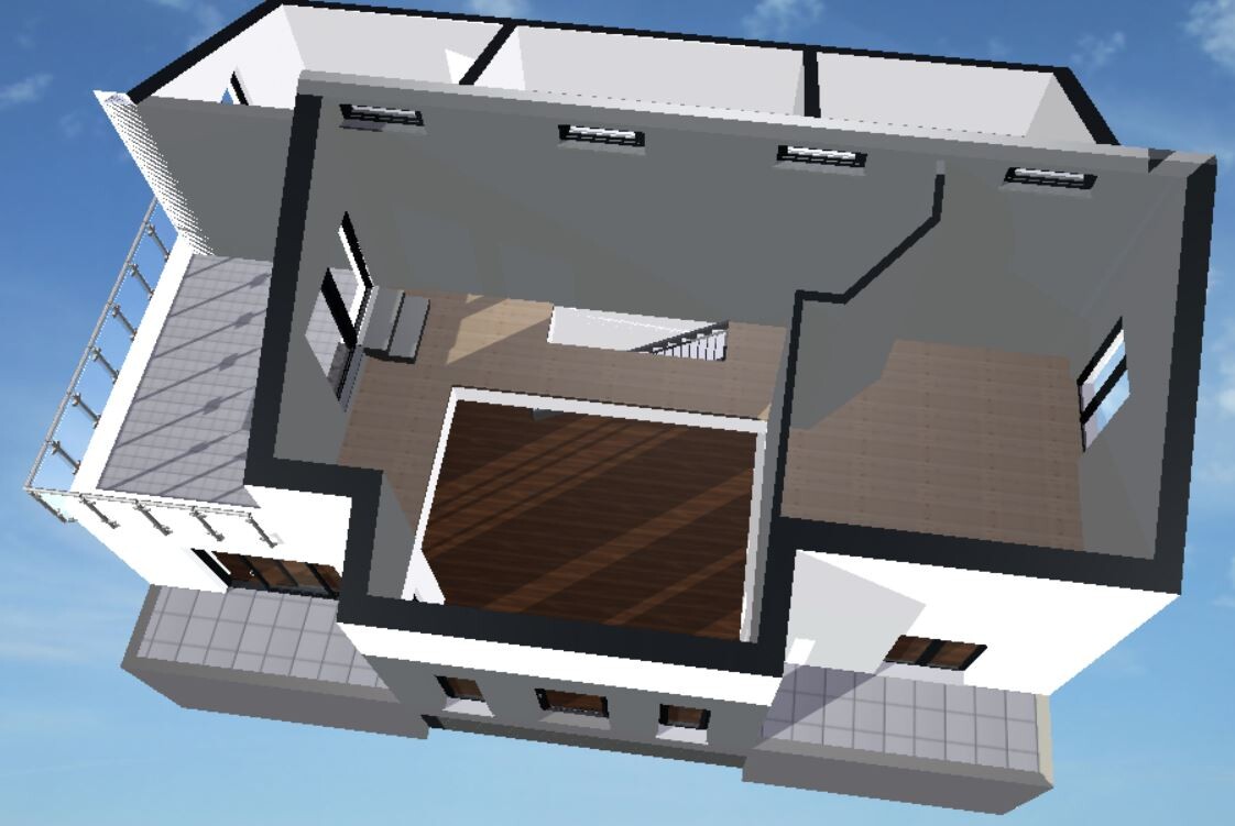 3D-Modell eines modernen Hauses mit Grundriss, Innenräumen, Treppe und Balkonen.