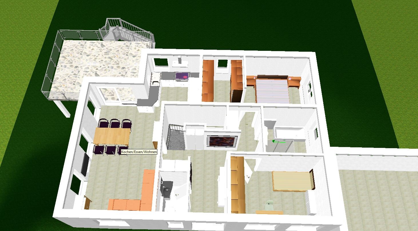 Isometrischer Innenraum-Grundriss eines Hauses: Küche, Ess-/Wohnbereich, Schlafzimmer, Terrasse.