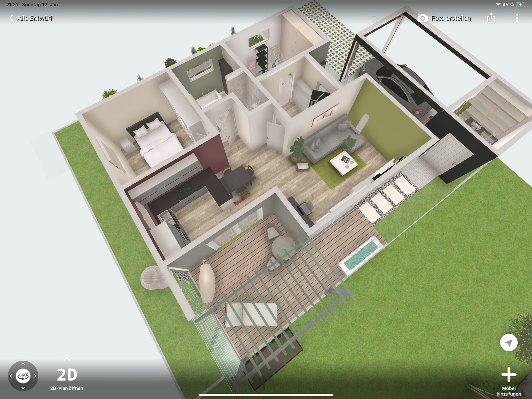 3D-Grundriss eines Hauses: Wohnzimmer, Küche, Schlafzimmer, Bad, Terrasse und Garten.