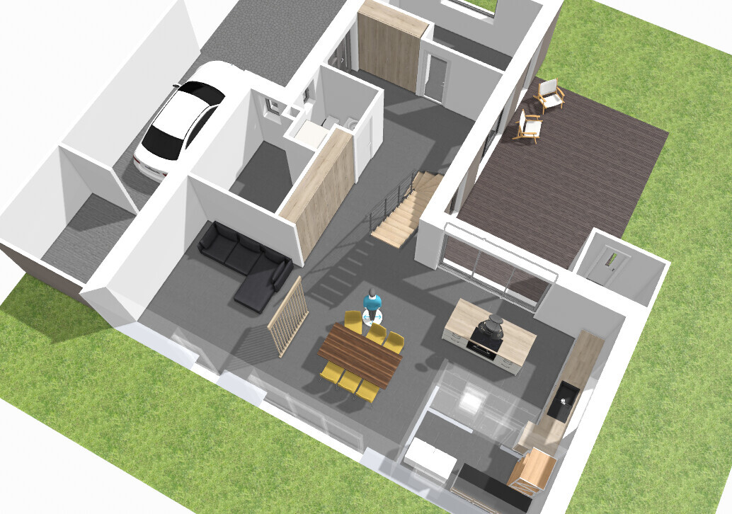 Moderne Grundriss-Ansicht: offener Wohnbereich, Küche, Essbereich, Treppe, Garage mit Auto, Terrasse.