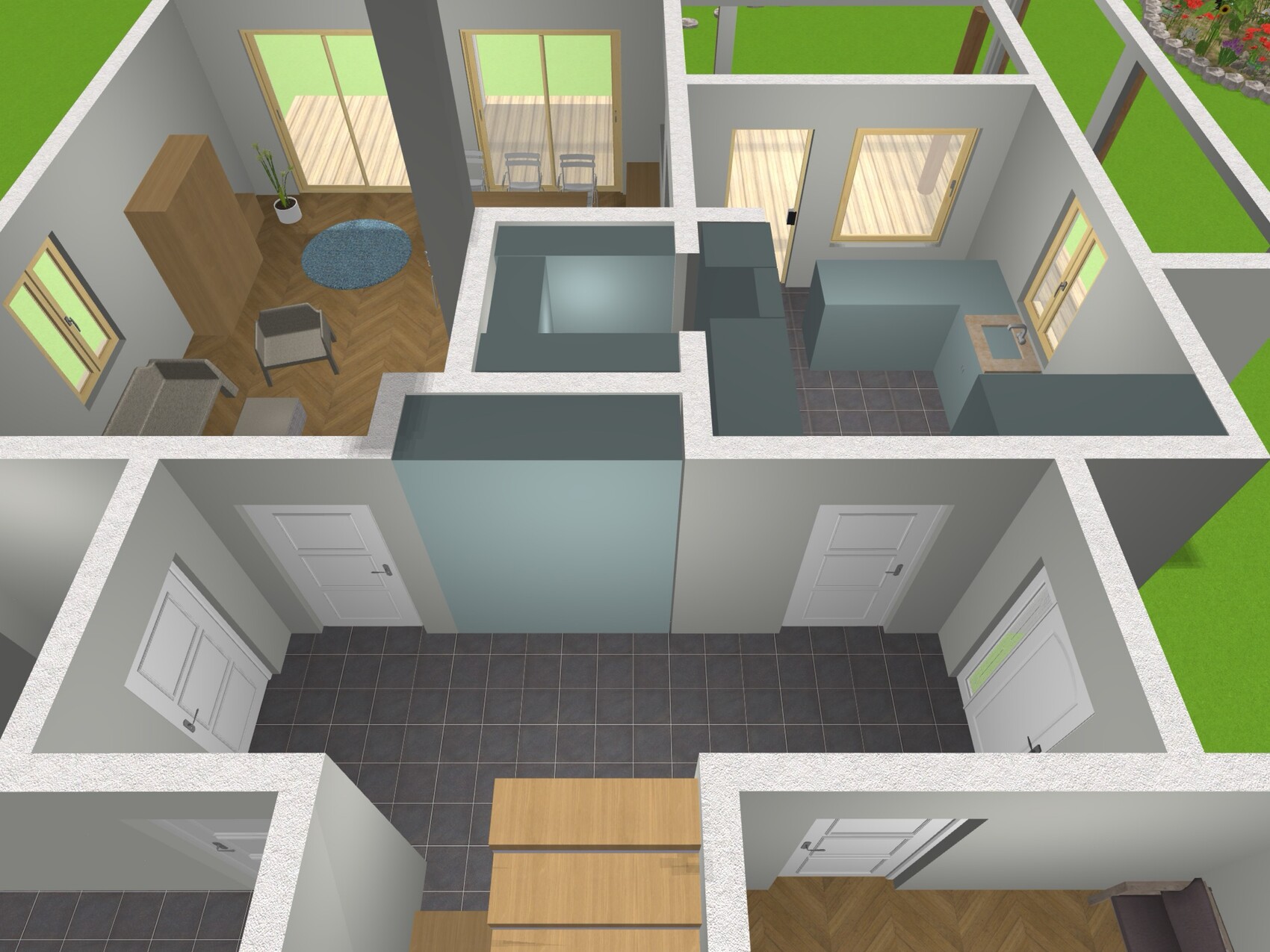 Isometrischer Grundriss eines Hauses: Wohnzimmer, Küche, Flur, Bad, Schlafzimmer, Balkon.