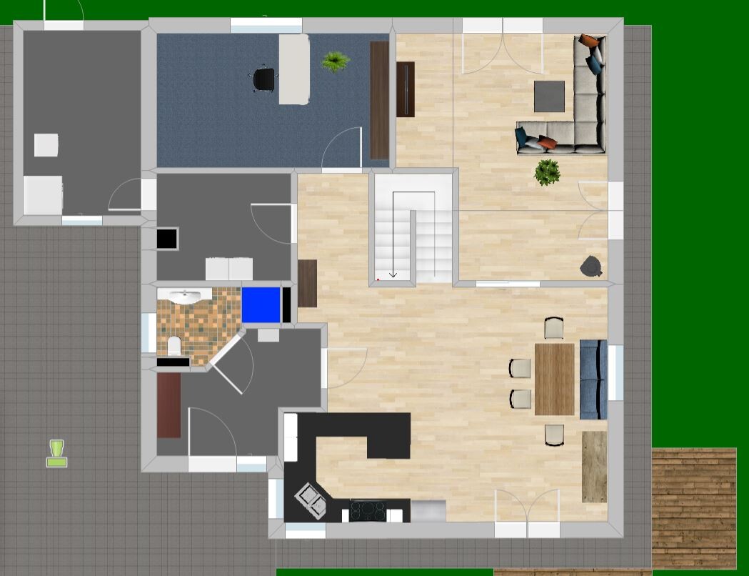 Grundriss eines Hauses von oben: Wohnzimmer, Küche, Essbereich, Bad, Flur, Treppenhaus, Garten.