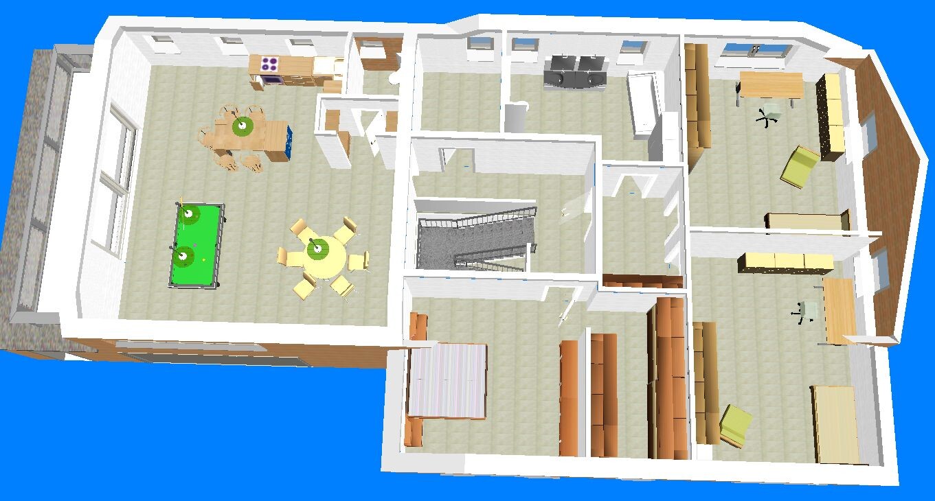 3D-Grundriss eines Hauses mit Küche, Essbereich, Wohnzimmer, Schlafzimmer und Treppen