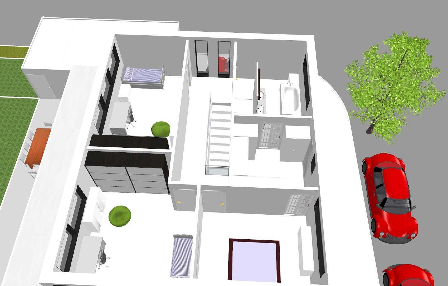 Moderne Hausgrundriss-Ansicht von oben mit Treppe, Bad, Schlafzimmer, Garten und zwei roten Autos.