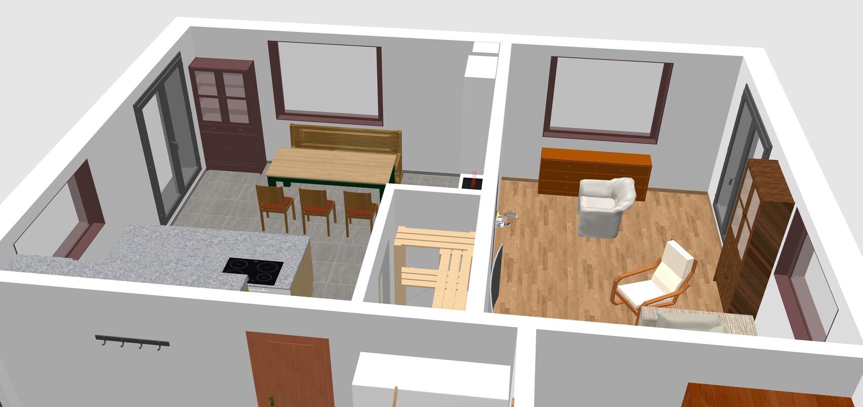 3D-Modell eines offenen Wohn- und Küchenbereichs mit Esstisch, Stühlen und Wohnzimmermöbeln