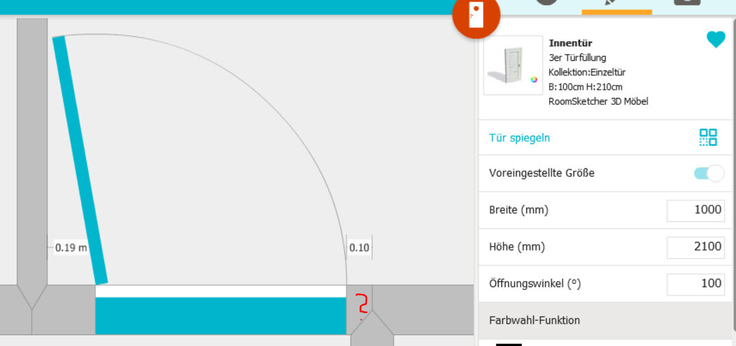 Tür in einer Möbelplanungs-App: Blaue Füllung, öffnet 100°, Maße 1000×2100 mm.